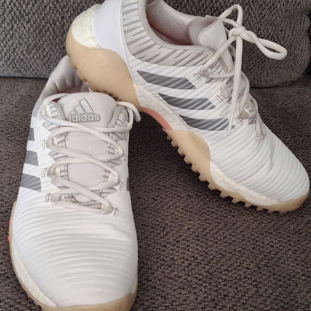 Adidas White and Gray Athletic Shoes with Knit Upper